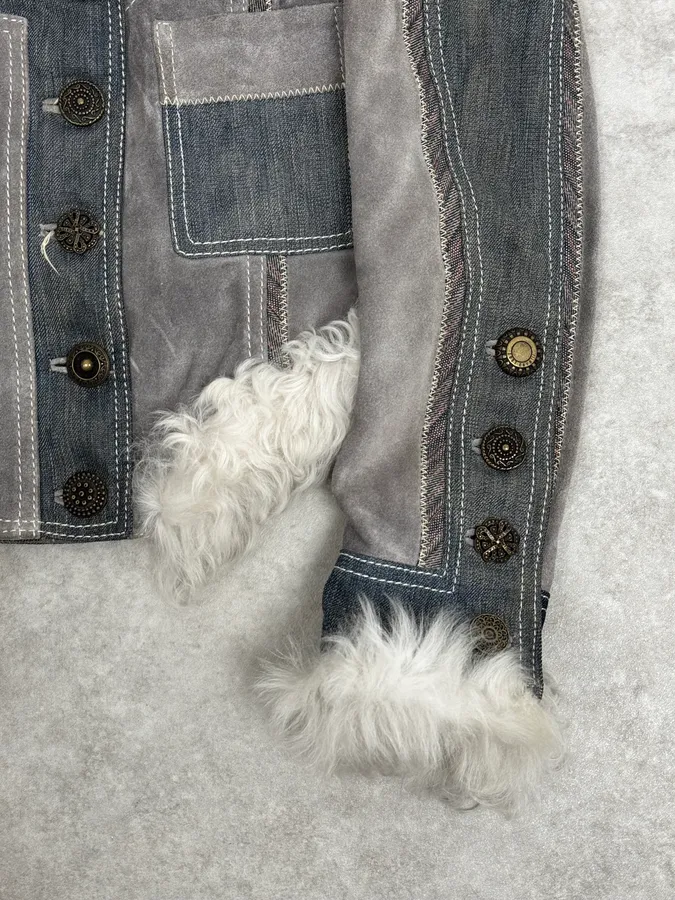 AW2005 Cavalli Mongolian Fur Grey Leather & Blue Denim Jacket - Image 9