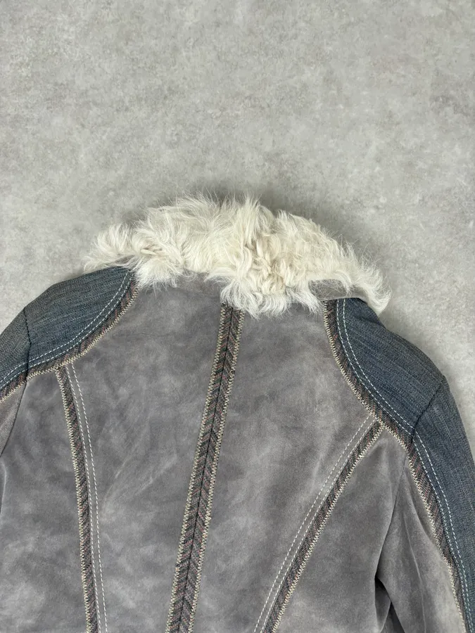 AW2005 Cavalli Mongolian Fur Grey Leather & Blue Denim Jacket - Image 7