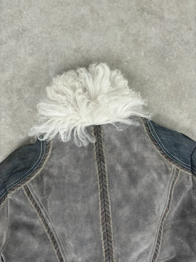 AW2005 Cavalli Mongolian Fur Grey Leather & Blue Denim Jacket - Image 9