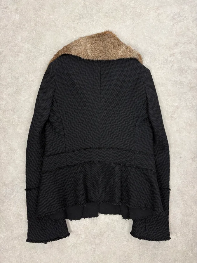 AW2005 Cavalli Rabbit Fur Collar Asymmetrical Black Wool Jacket - Image 6