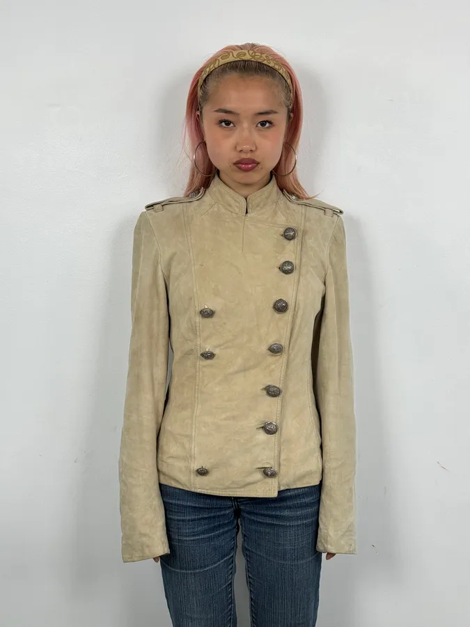 AW2005 Christian Dior Beige Asymmetrical Officer Leather Jacket - Image 2