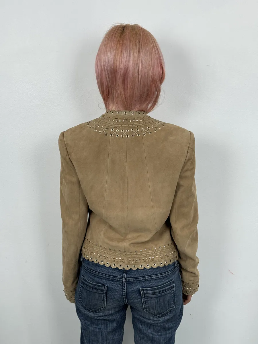 AW2005 Christian Dior Beige Suede Studded Embellished Leather Jacket - Image 4