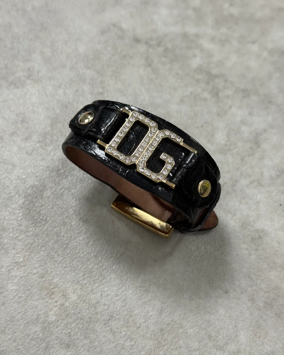 AW2005 Dolce & Gabbana Black Leather Gold DG Logo Bracelet - Image 2