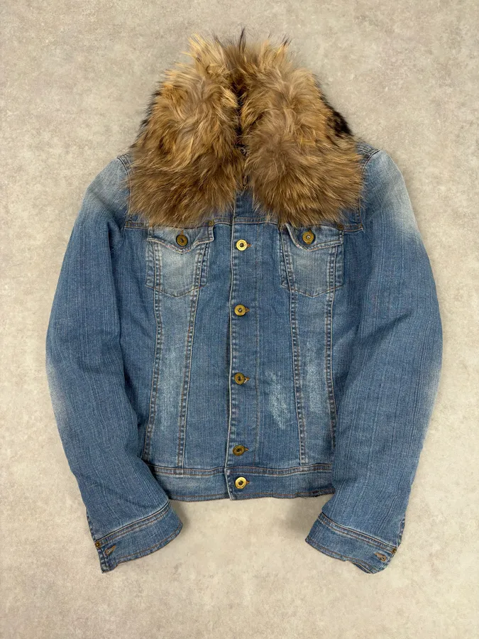 AW2005 Dolce & Gabbana Blue Denim Distressed Fur-Collar Jacket