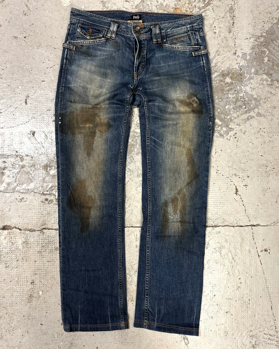 AW2005 Dolce & Gabbana Blue Dirty Effect Denim Jeans - Image 4
