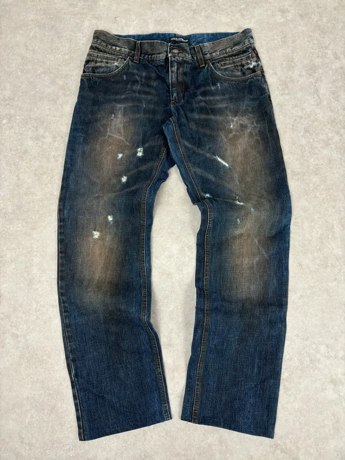 AW2005 Dolce & Gabbana Blue Faded Distressed Denim Jeans
