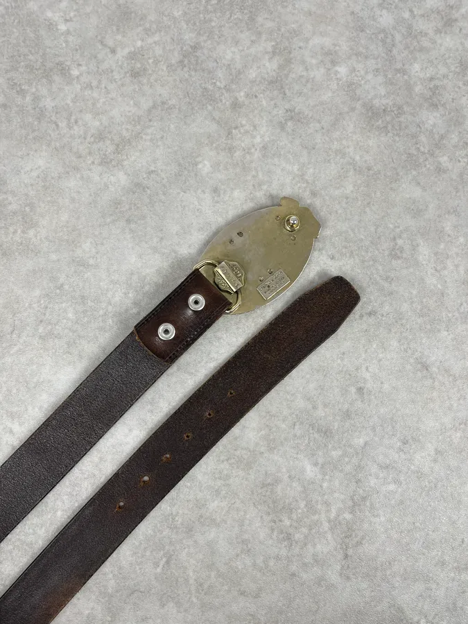 AW2005 Dsquared2 Brown Leather Belt Gold Skeleton Logo Adjustable - Image 6