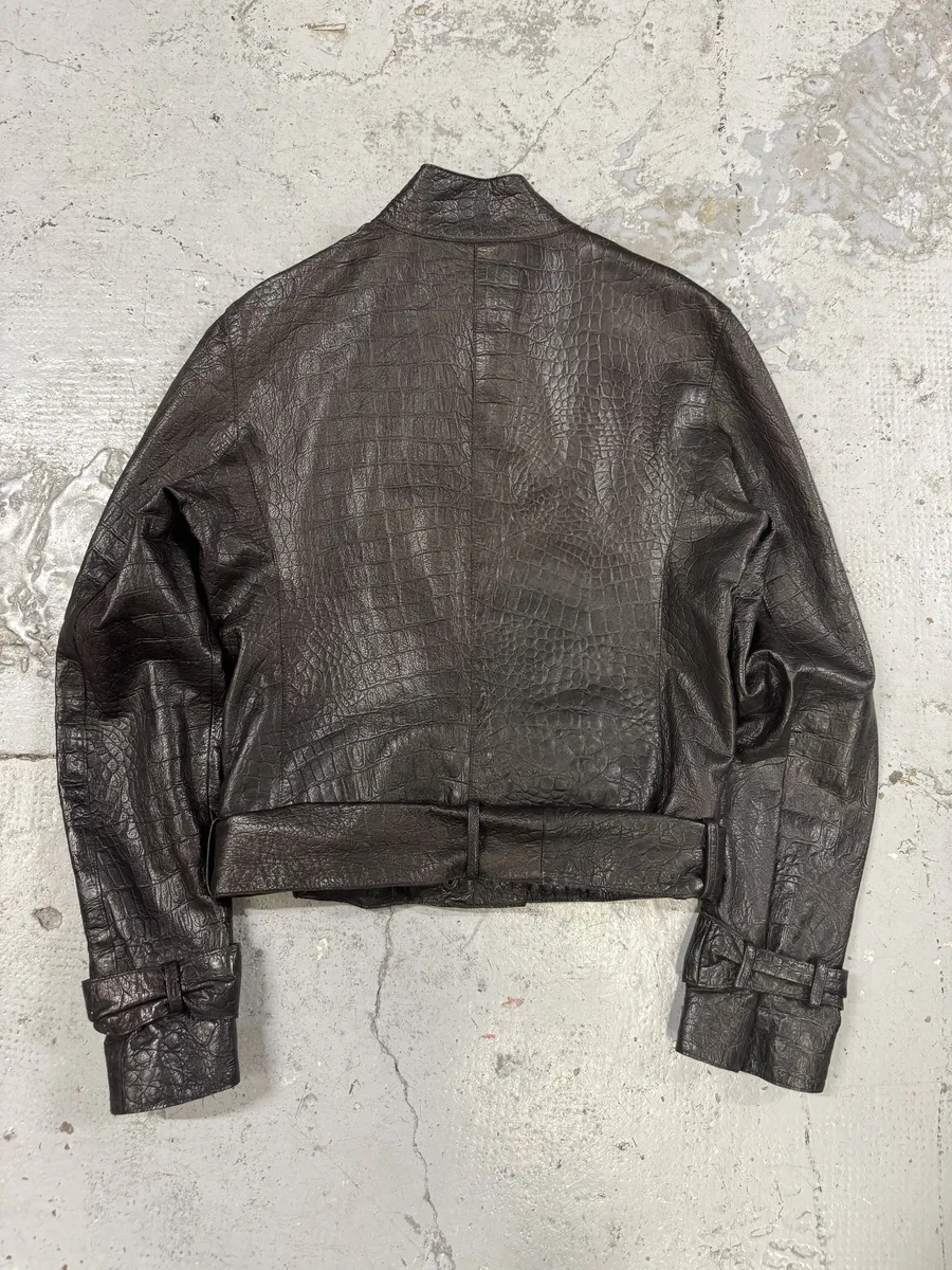 AW2005 Emporio Armani Asymmetrical Crocodile Effect Brown Leather Jacket - Image 4