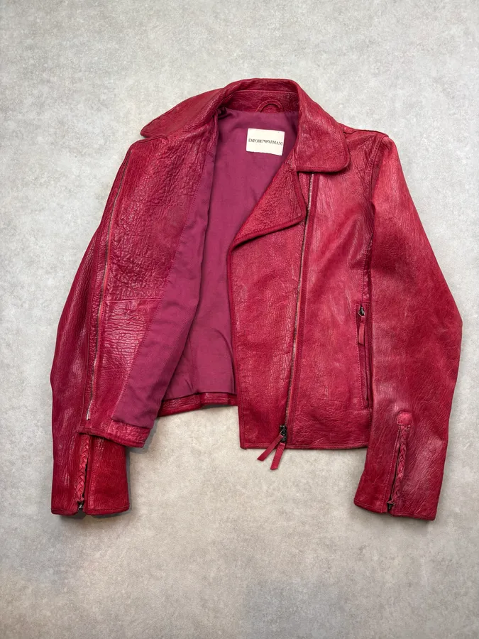 AW2005 Emporio Armani Burgundy Perfecto Grained Leather Jacket - Image 8