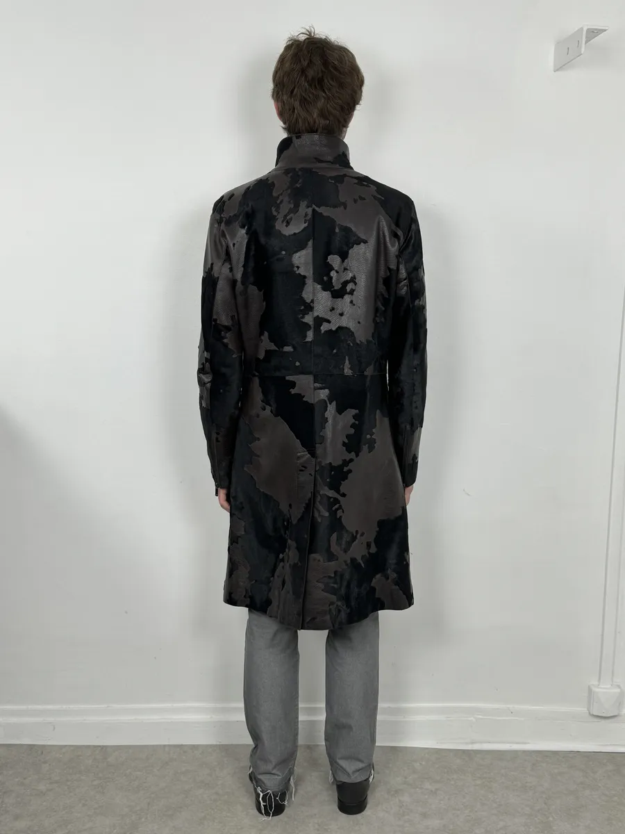 AW2005 Emporio Armani Pony Hair Cowhide Dark Brown Leather Trench Coat - Image 4