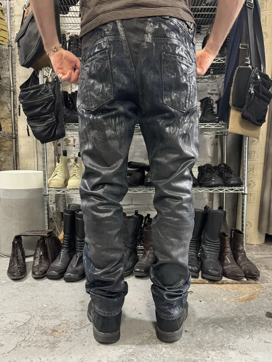 AW2005 Roberto Cavalli Black Crocodile Effect Leather Waxed Denim Jeans - Image 5
