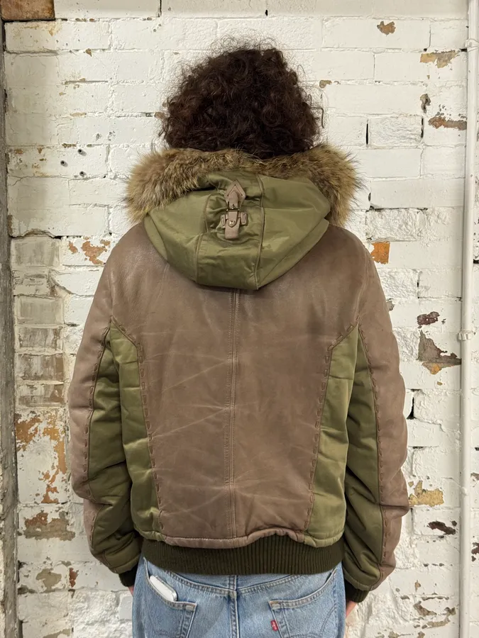 AW2005 Roberto Cavalli Leather & Nylon Green & Grey Bomber Jacket - Image 4