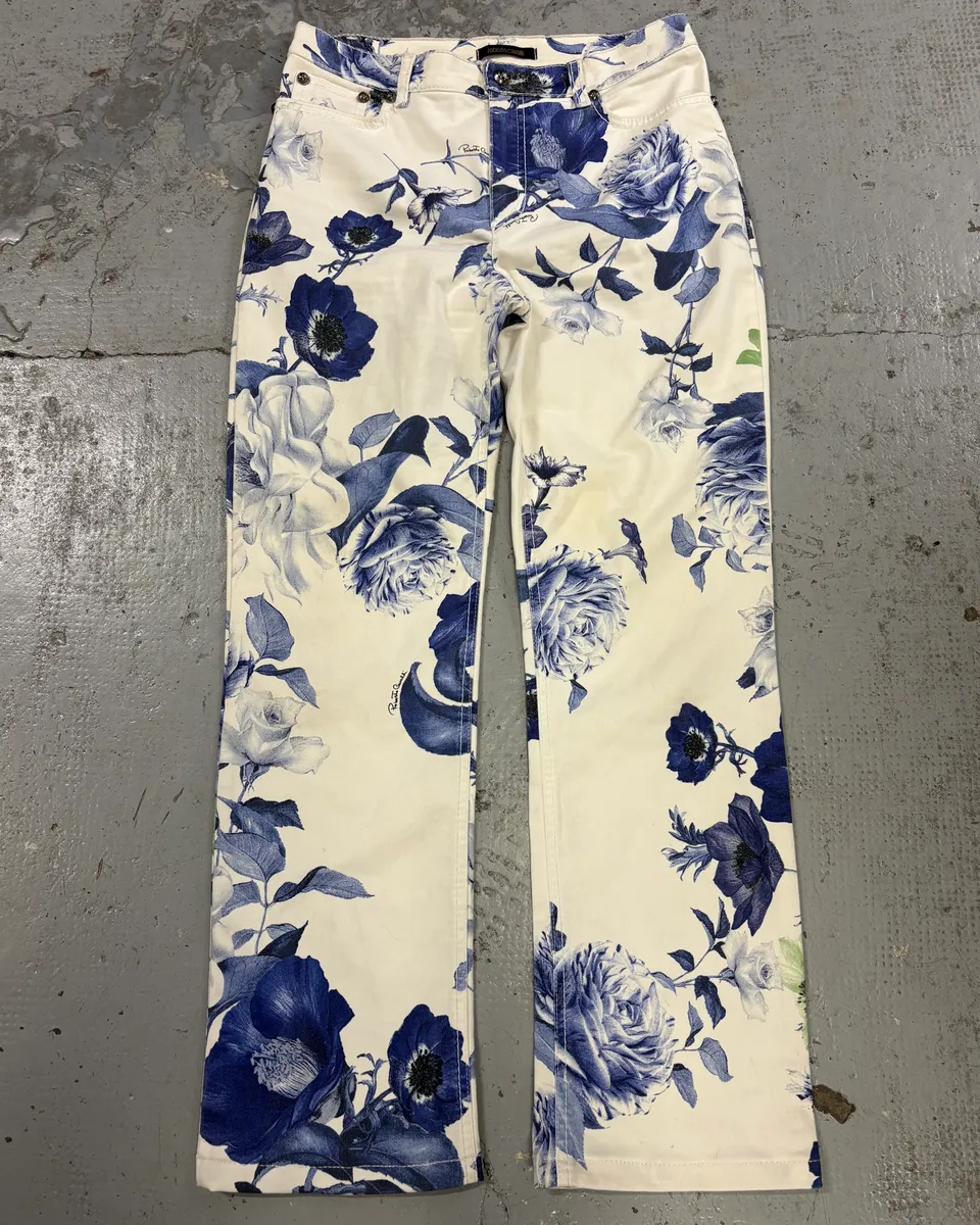 AW2005 Roberto Cavalli White Blue Floral Pants