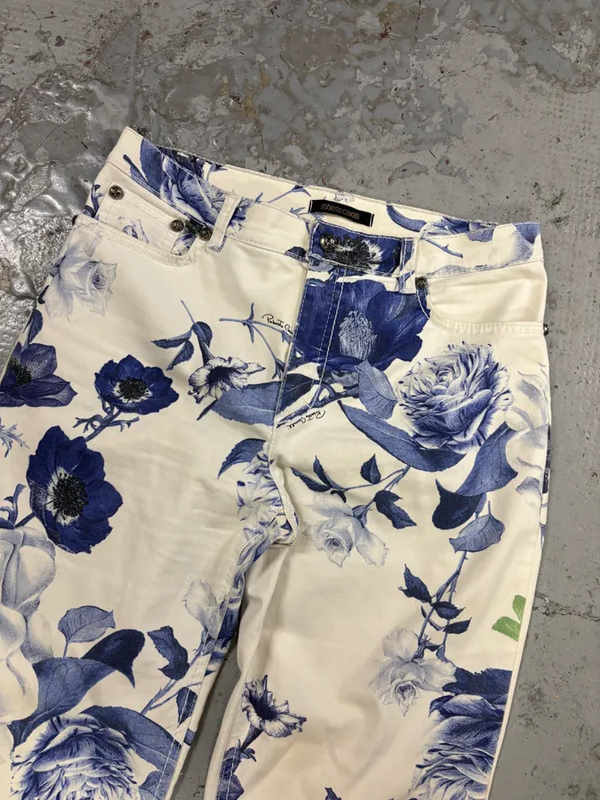 AW2005 Roberto Cavalli White Blue Floral Pants - Image 5