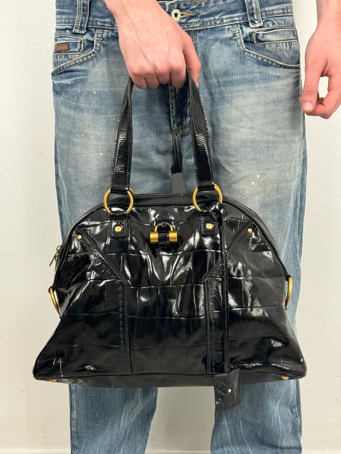 AW2005 Yves Saint Laurent Black Muse Patent Leather Crocodile Effect Bag