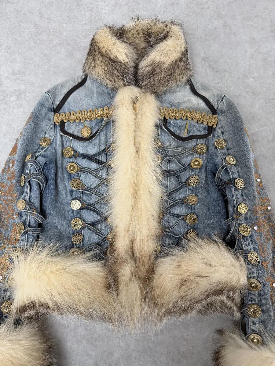 AW2006 Cavalli Blue Denim Royal Napoleon Fur Officer Jacket - Image 12