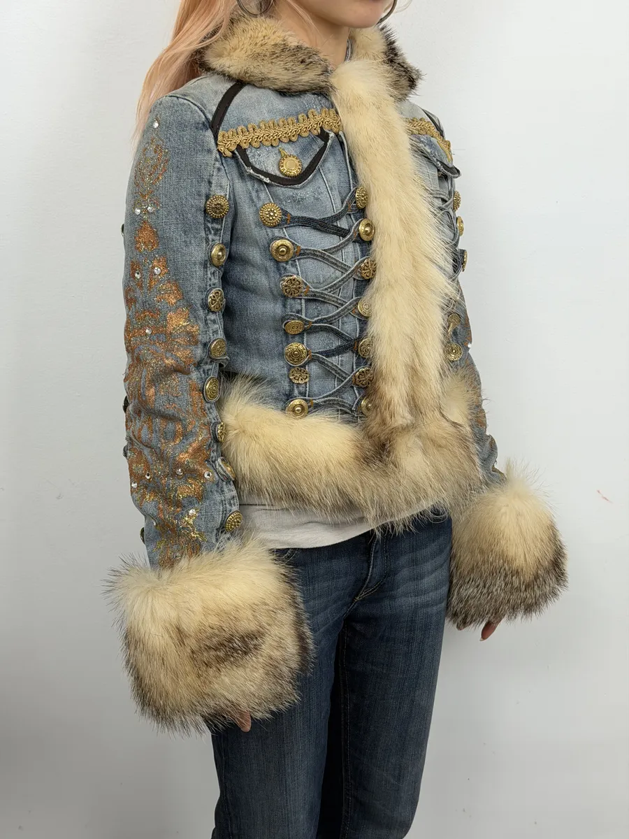 AW2006 Cavalli Blue Denim Royal Napoleon Fur Officer Jacket - Image 7