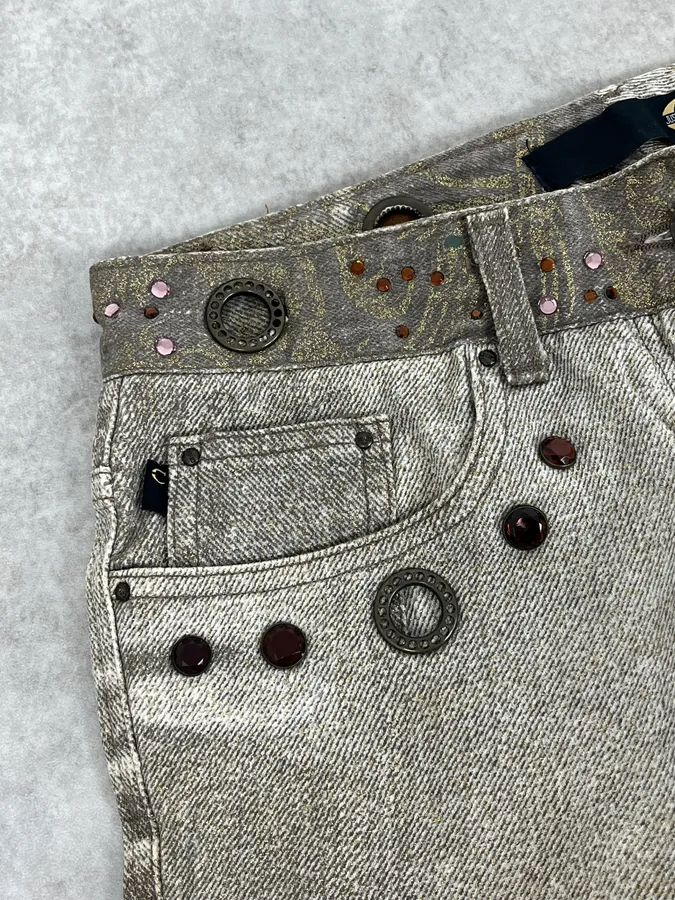 AW2006 Cavalli Grey Overprint Embellished Pants - Image 11