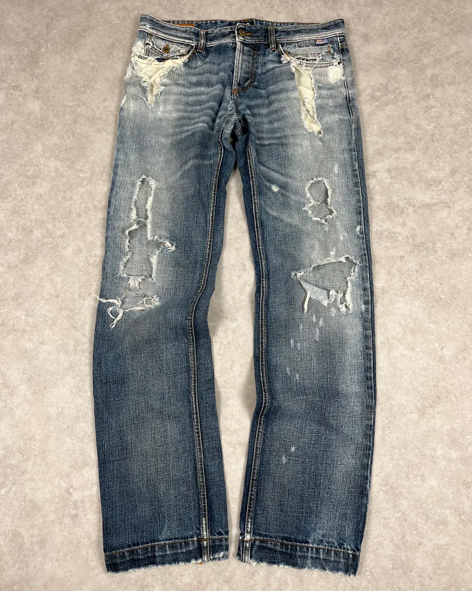 AW2006 Dolce & Gabbana Blue Destroyed Faded Denim Jeans - Image 4