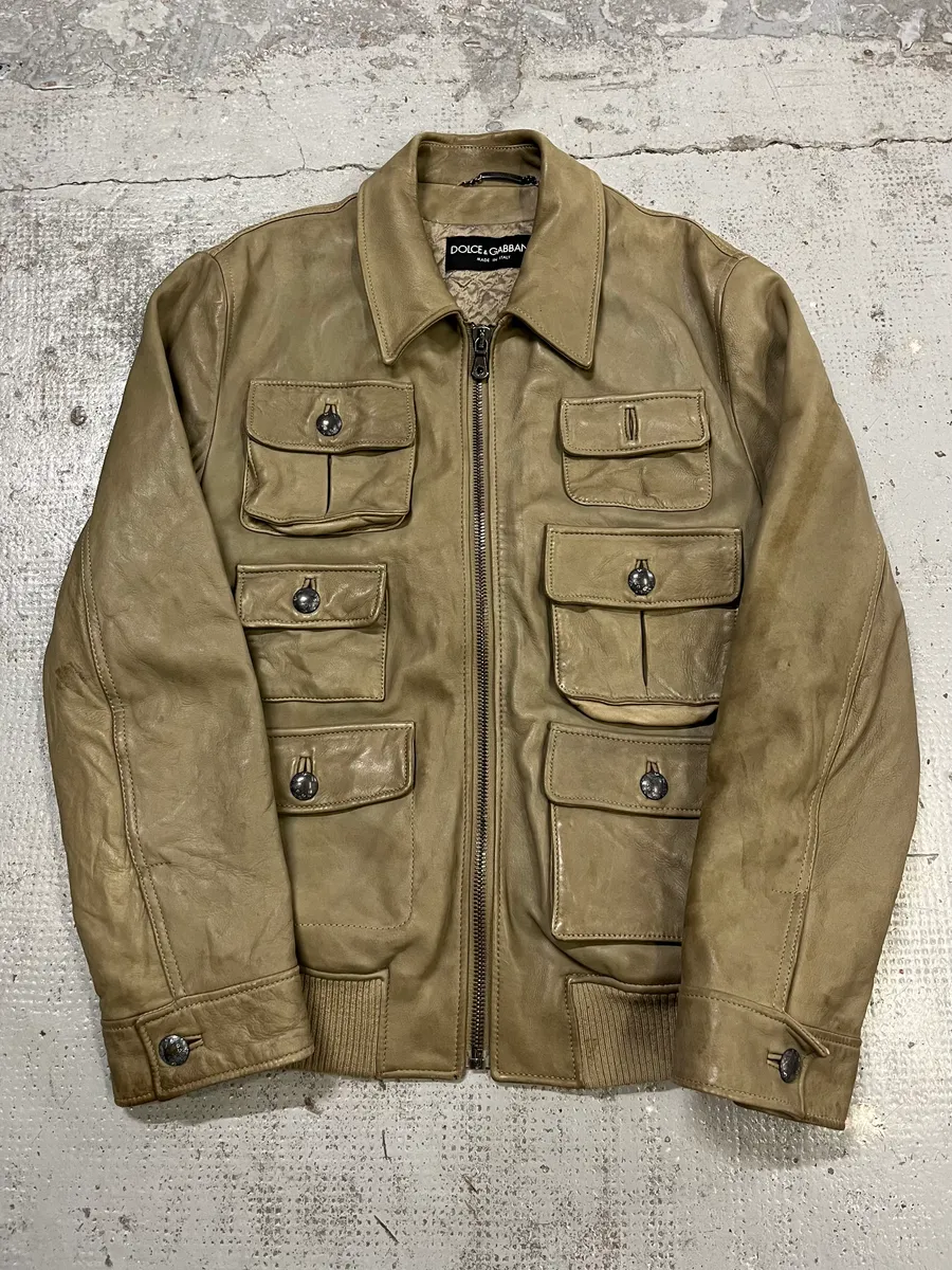 AW2006 Dolce & Gabbana Multi-Pocket Beige Cargo Leather Jacket - Image 5