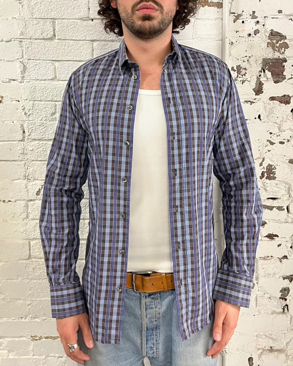 AW2006 Dolce & Gabbana Navy Checkered Plaid Shirt - Image 2