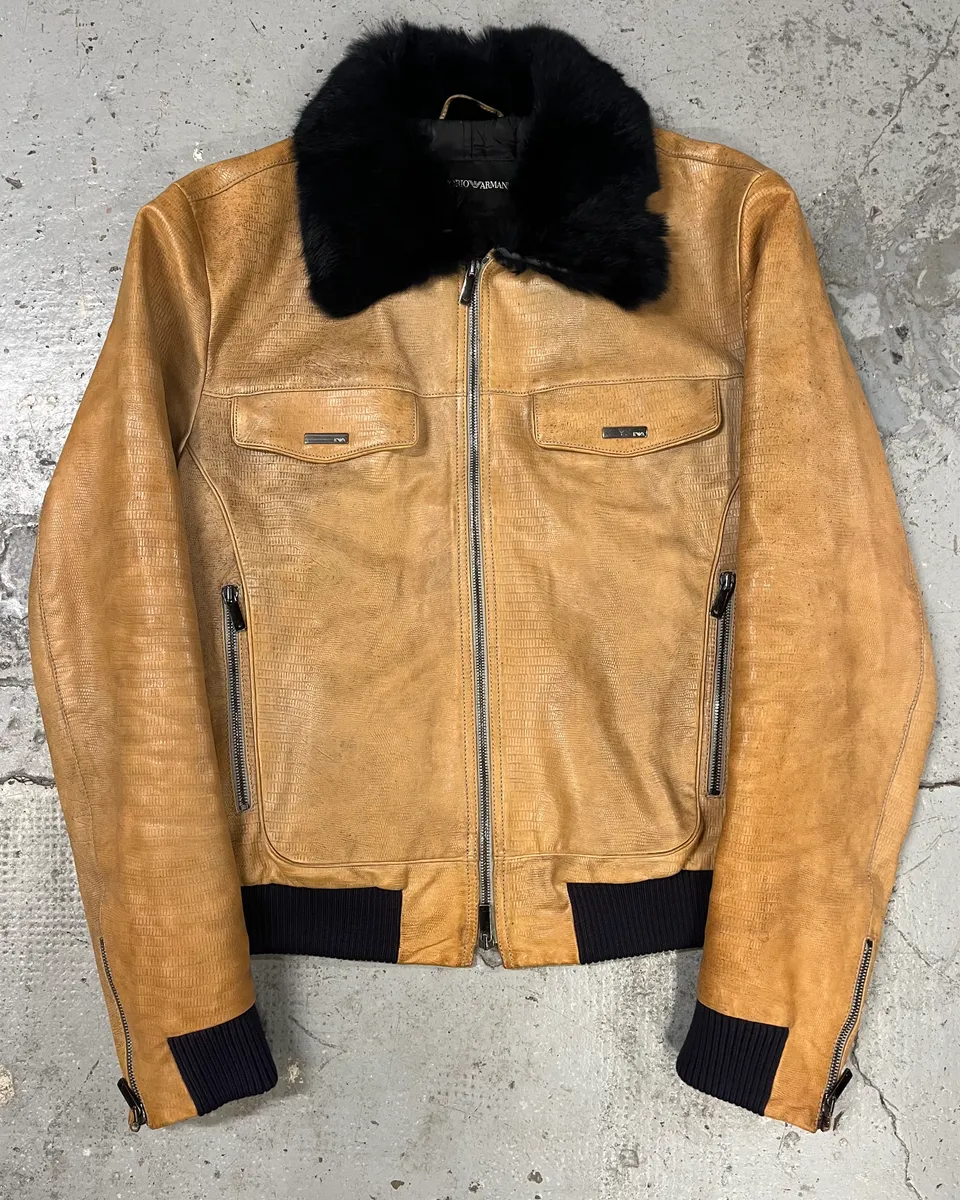 AW2006 Emporio Armani Camel Yellow Fur Collar Leather Jacket