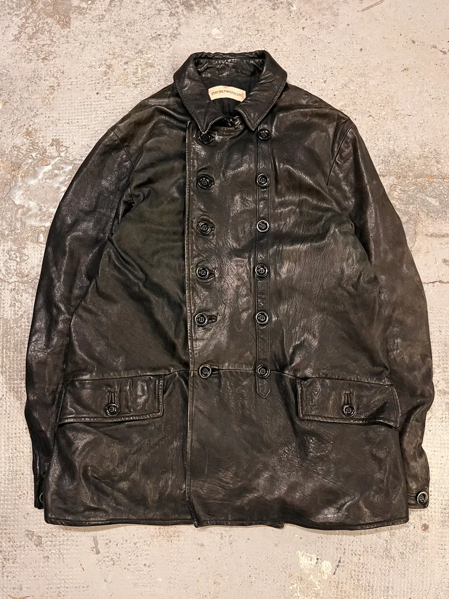 AW2006 Emporio Armani Officer Buttoned Black Leather Peacoat Jacket - Image 4