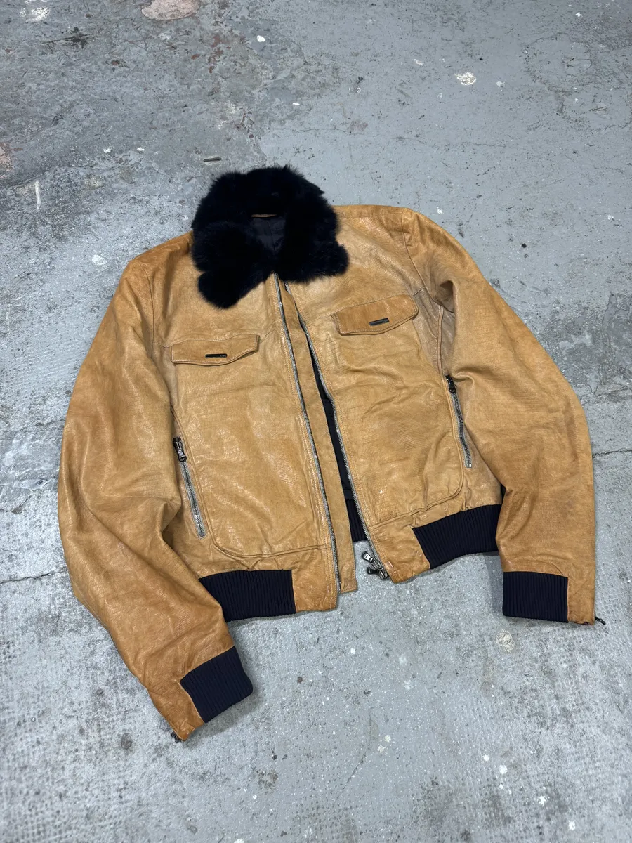 AW2006 Emporio Armani Yellow Leather Jacket with Fur Collar - Image 4