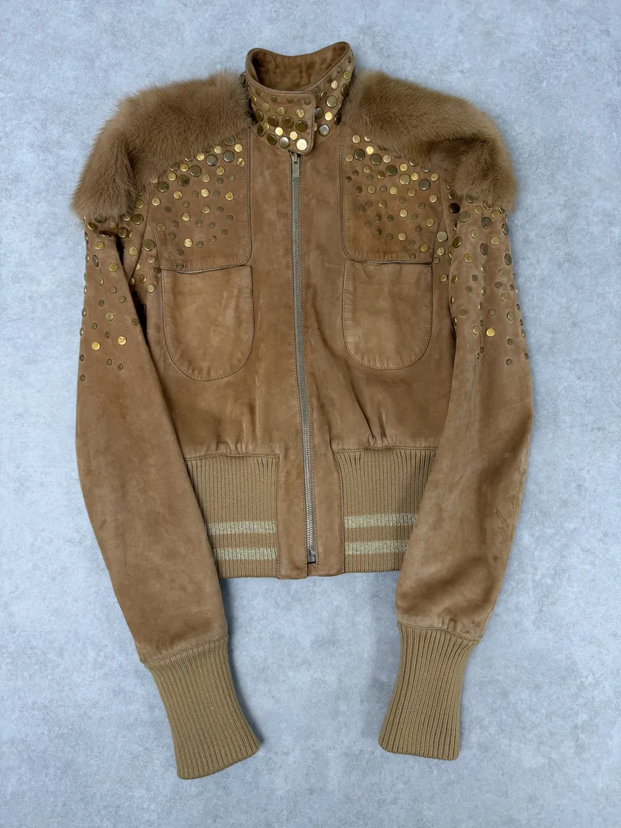 AW2006 Gucci Beige Suede Studded Leather Jacket by Frida Giannini