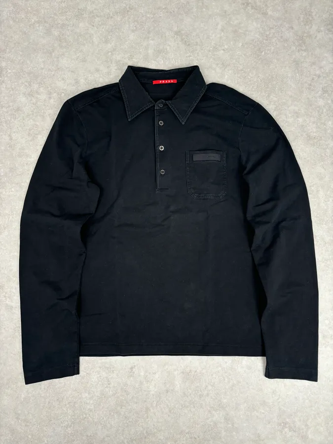 AW2006 Prada Black Minimalist Signature Longsleeve Polo