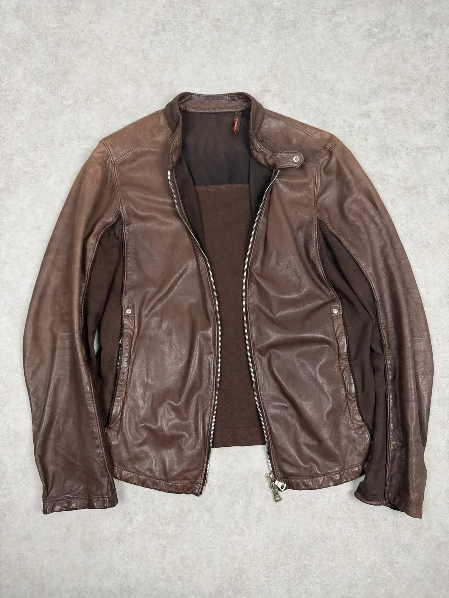 AW2006 Prada Brown Hybrid Linea Rossa Leather Biker Jacket - Image 3
