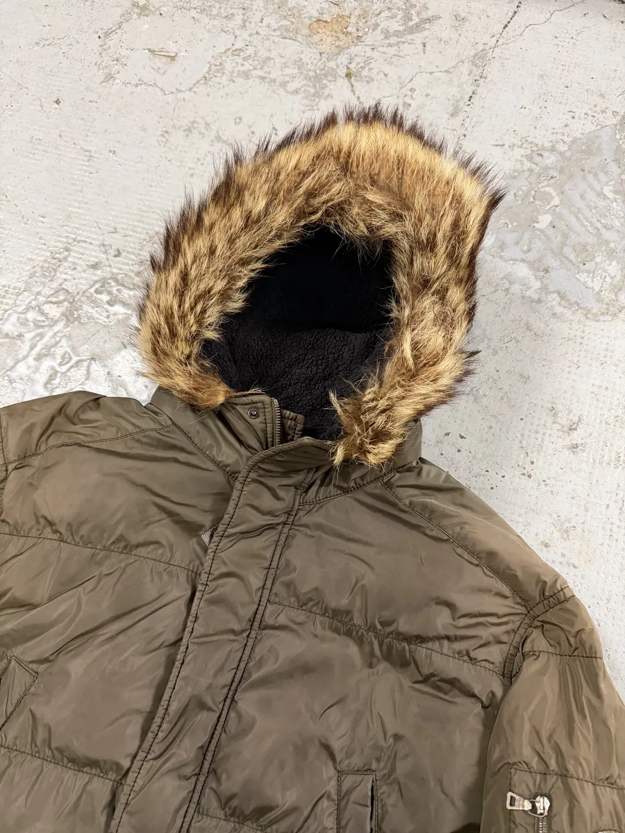 AW2006 Prada Khaki Green Fur Hooded Puffer Jacket - Image 10