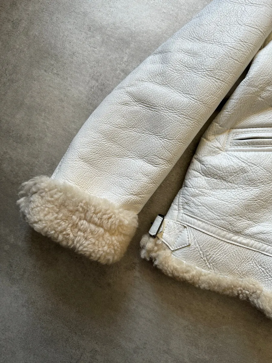 AW2006 Stone Island Hand Painted Sheepskin White Shearling Leather Jacket - Image 6