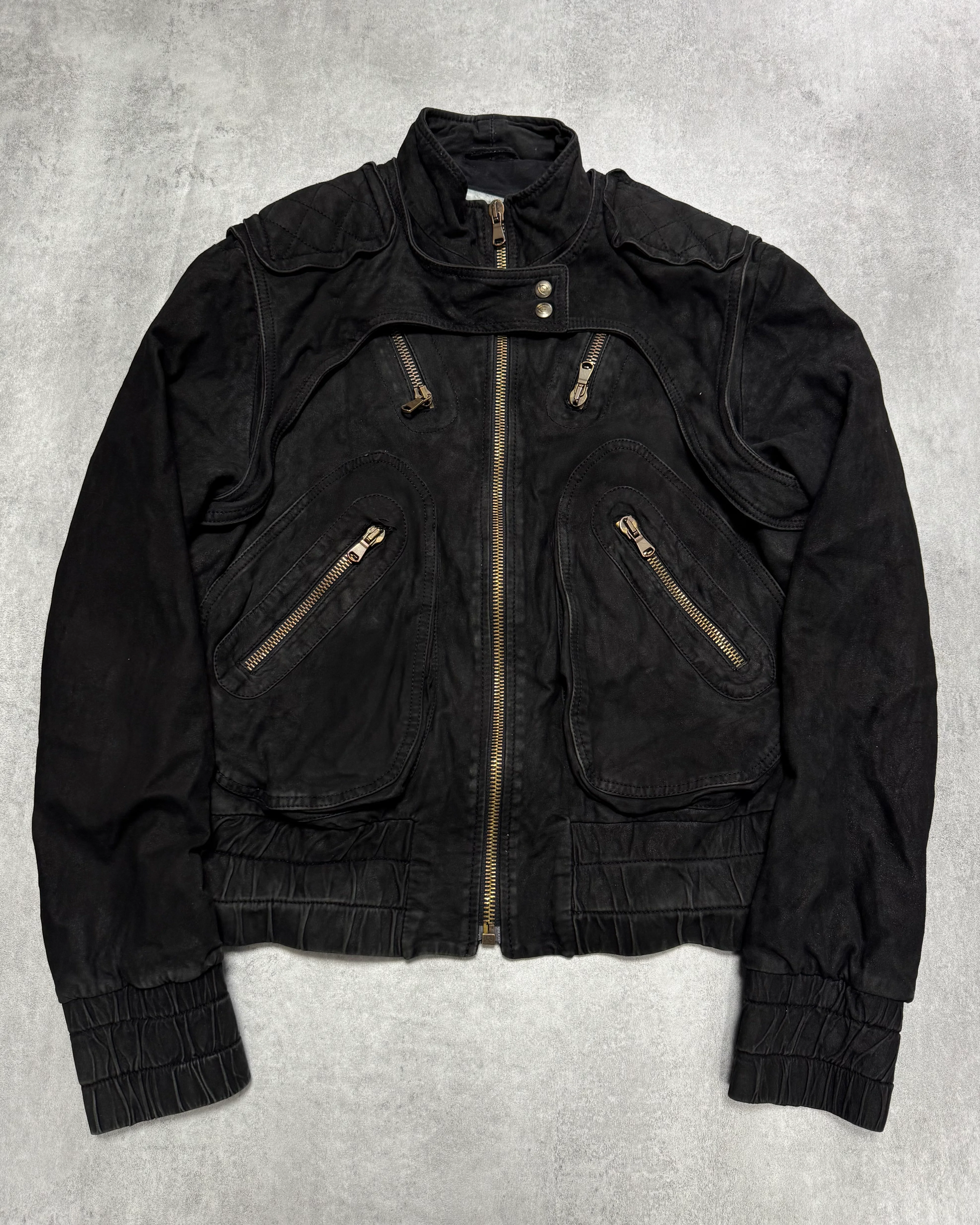 AW2007 Cavalli Black Cargo Multi Zips Brut Leather Jacket