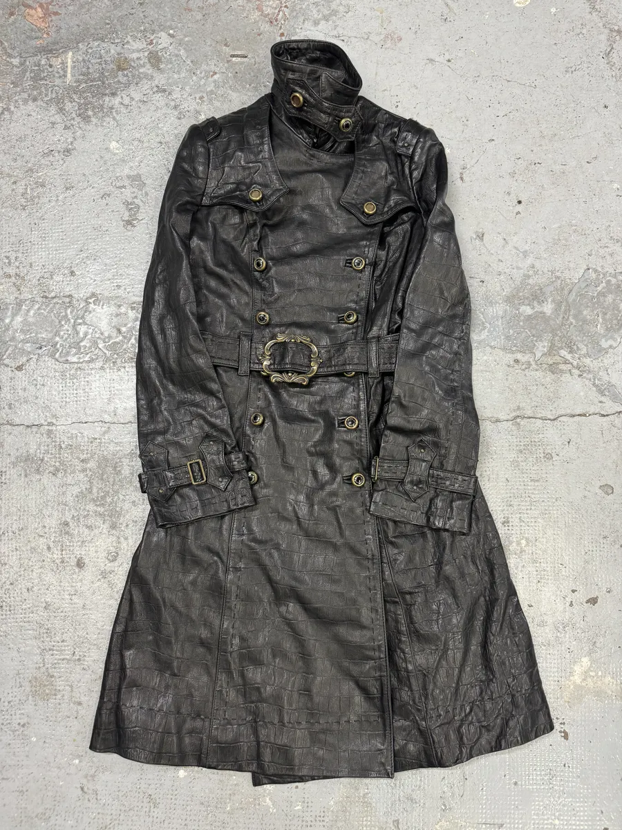 AW2007 Cavalli Crococile Effect Leather Ornament Buckle Black Trench Jacket - Image 4
