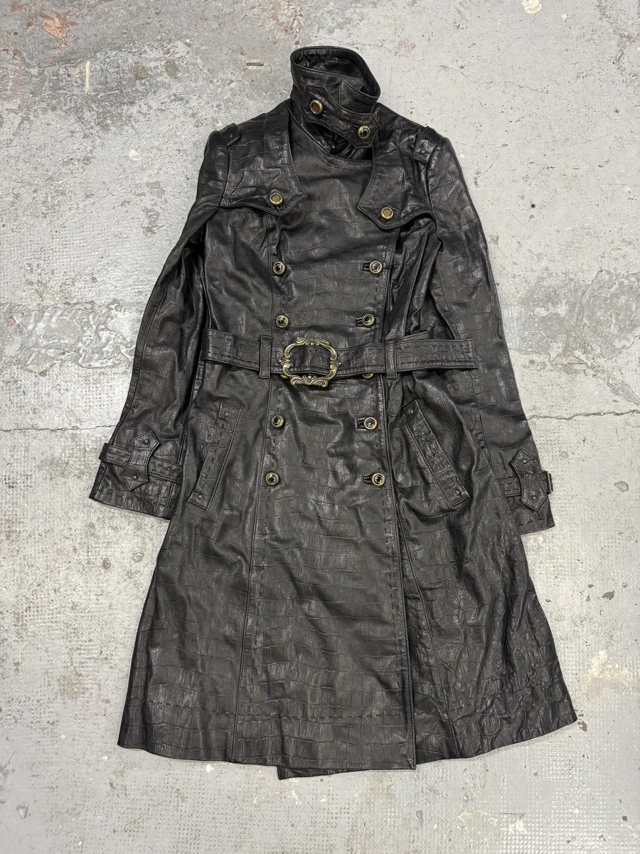 AW2007 Cavalli Crococile Effect Leather Ornament Buckle Black Trench Jacket - Image 6