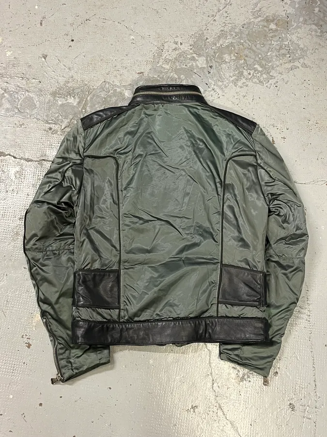 AW2007 Dolce & Gabbana Green Nylon Black Leather Multi Zips Biker Jacket - Image 7