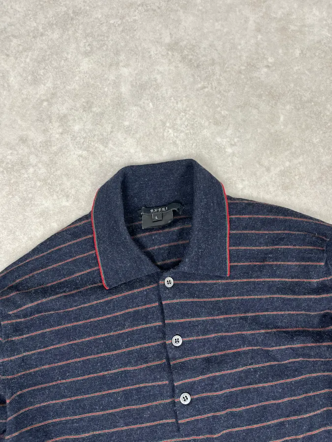 AW2007 Gucci Navy Striped Longsleeve Polo - Image 5