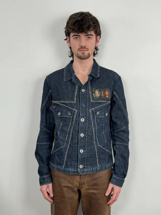 AW2007 Marithé + François Girbaud Navy Structured Buttoned Patchwork Denim Jacket - Image 3