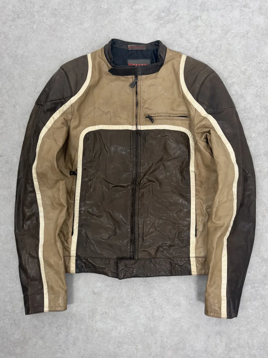 AW2007 Prada Beige & Brown Ricer Biker Leather Jacket