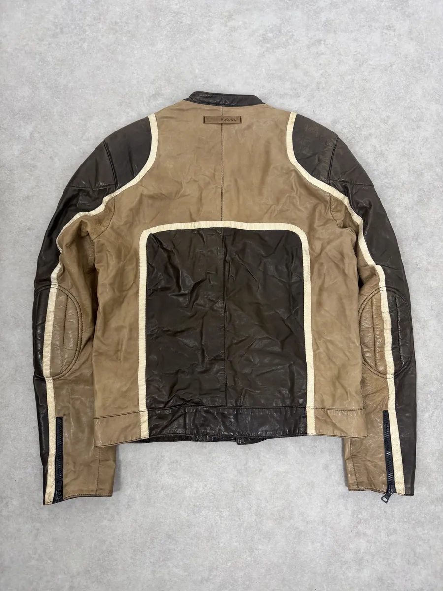 AW2007 Prada Beige & Brown Ricer Biker Leather Jacket - Image 2