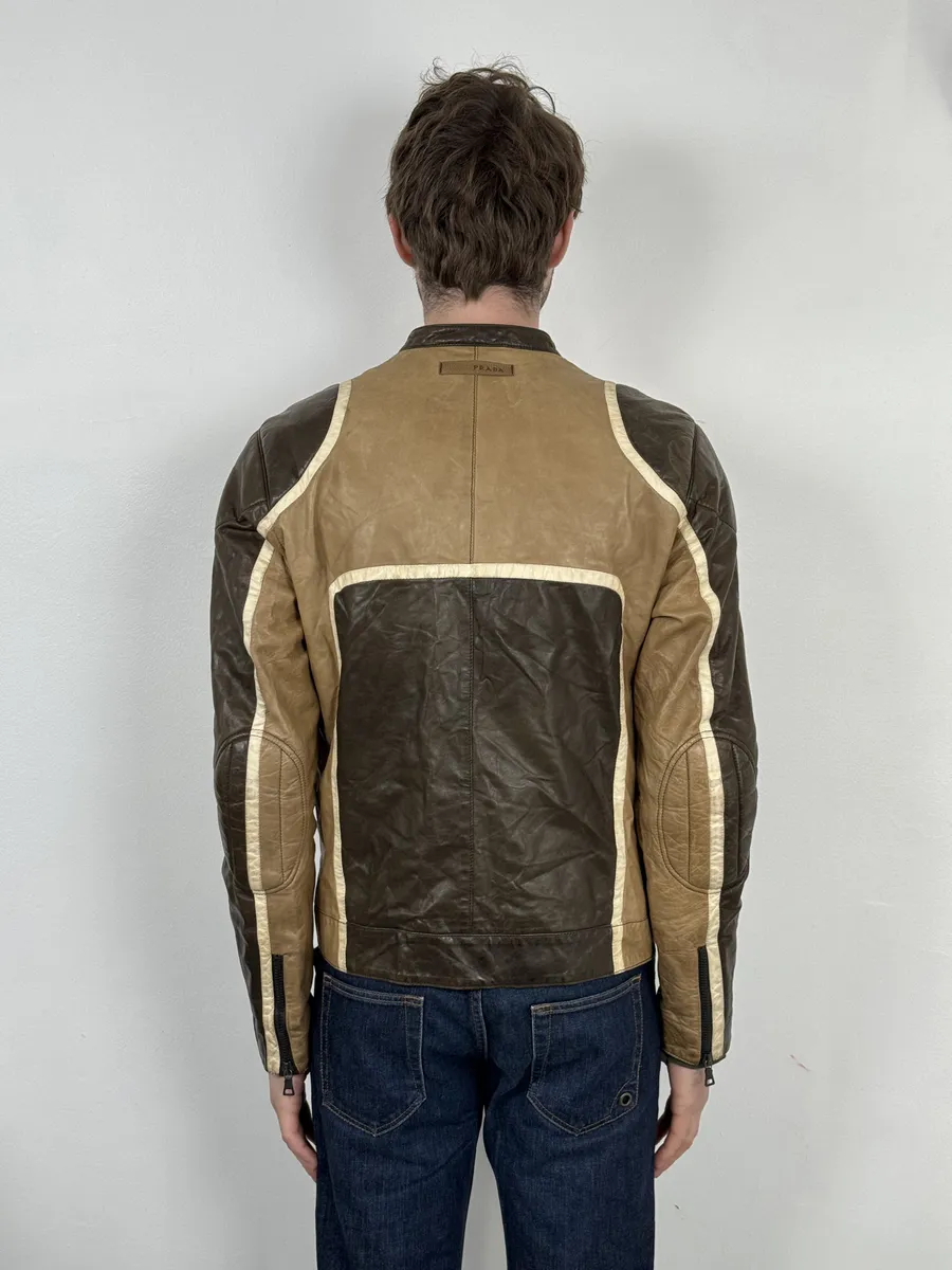 AW2007 Prada Beige & Brown Ricer Biker Leather Jacket - Image 4