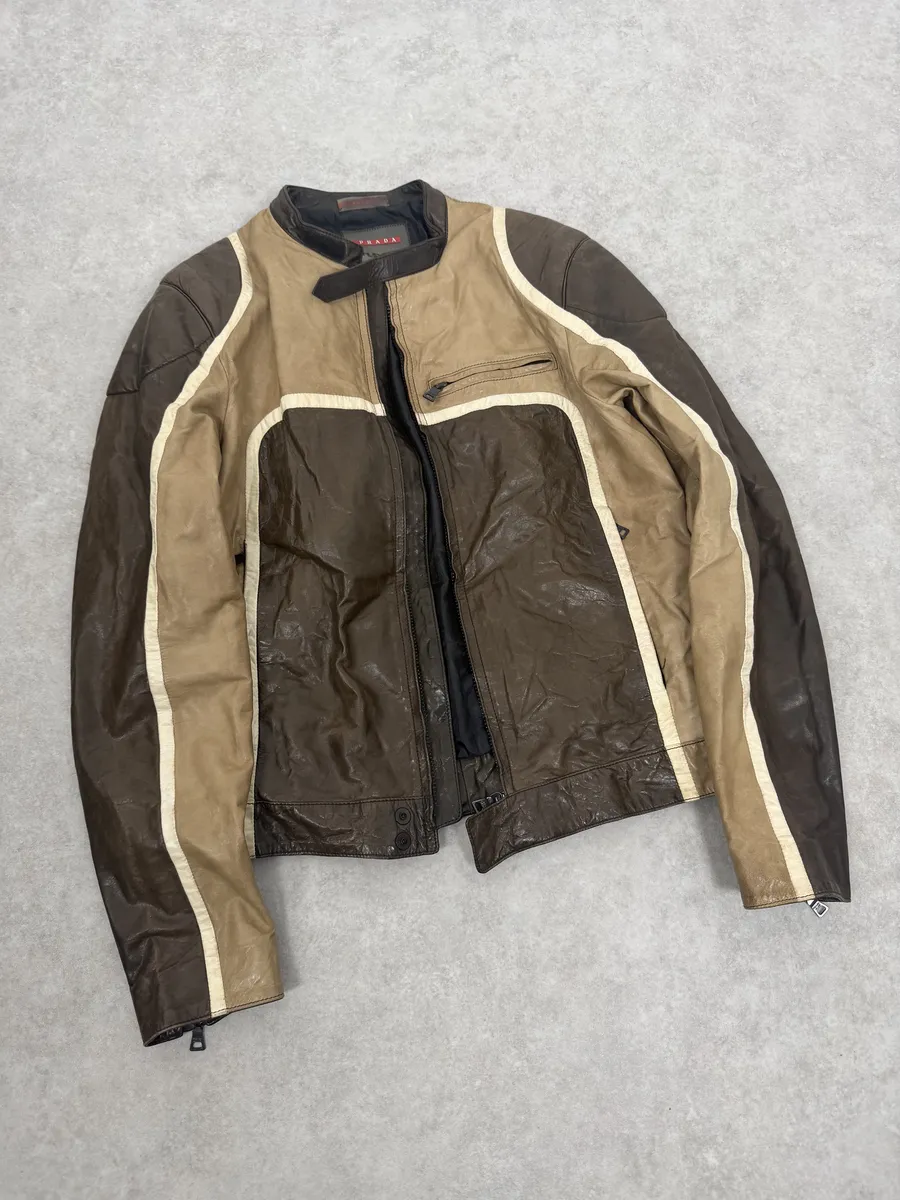 AW2007 Prada Beige & Brown Ricer Biker Leather Jacket - Image 5