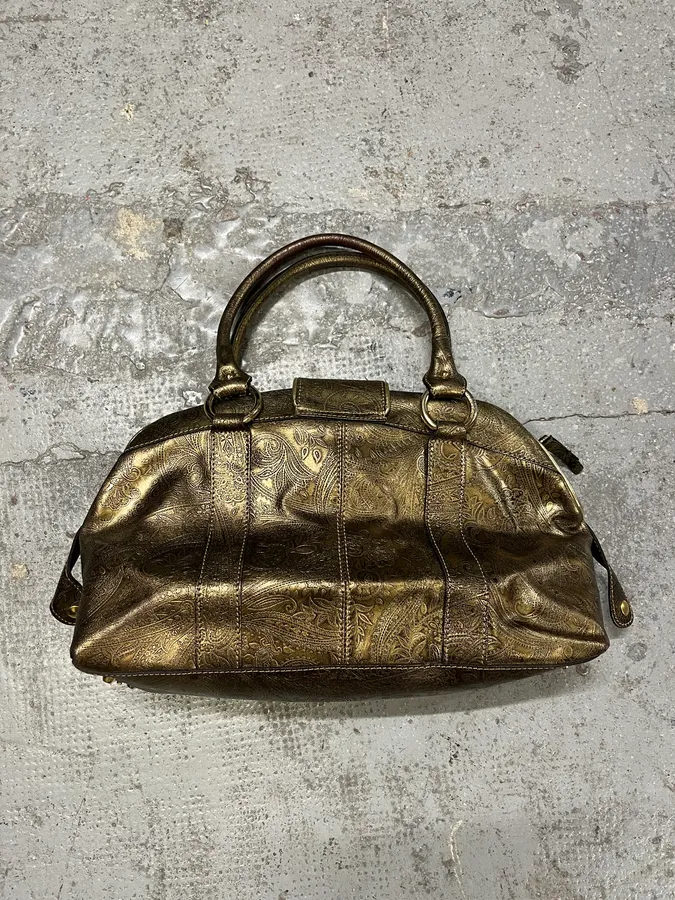 AW2007 Roberto Cavalli Gold Buckle Embroidered Handle Leather Bag - Image 3