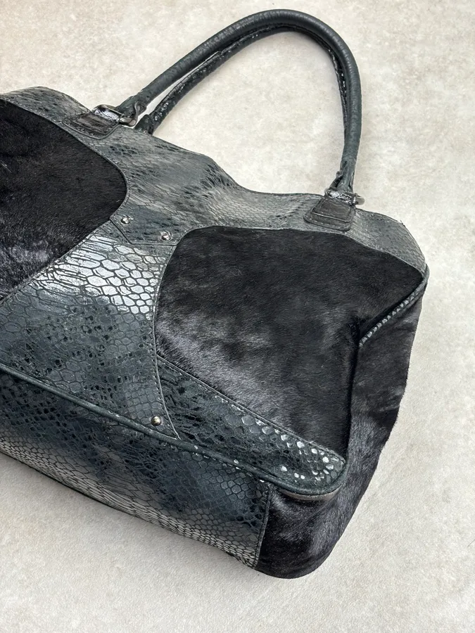 AW2008 Cavalli Black Faux Fur Python Embossed Leather Handle Bag - Image 10