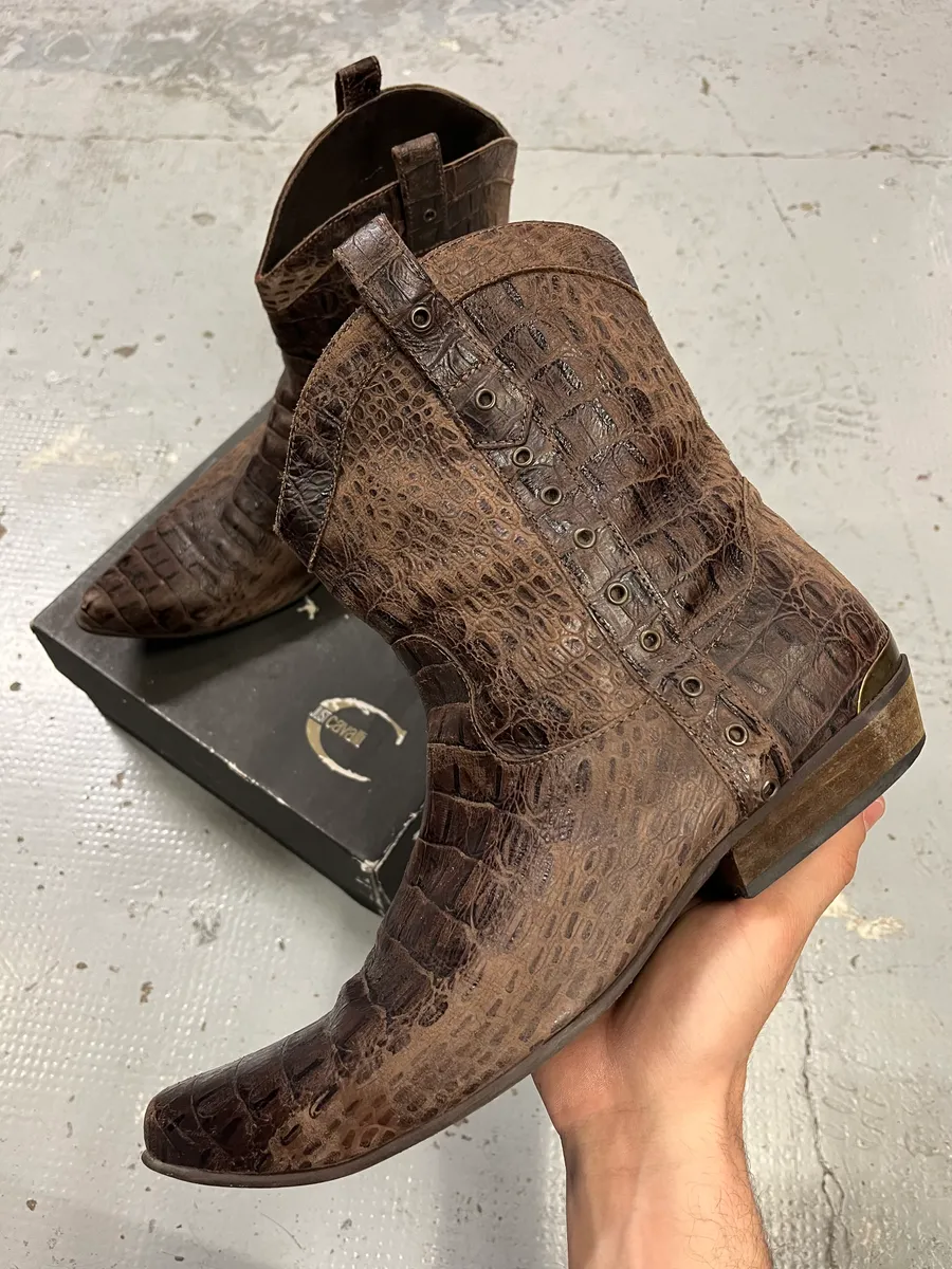 AW2008 Cavalli Brown Leather Crocodile Embossed Boots