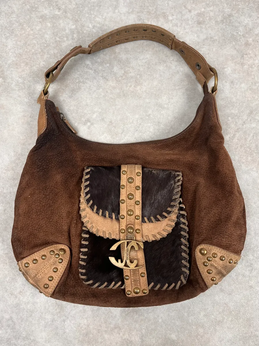 AW2008 Cavalli Brown Pony Hair Studded Leather Handle Bag