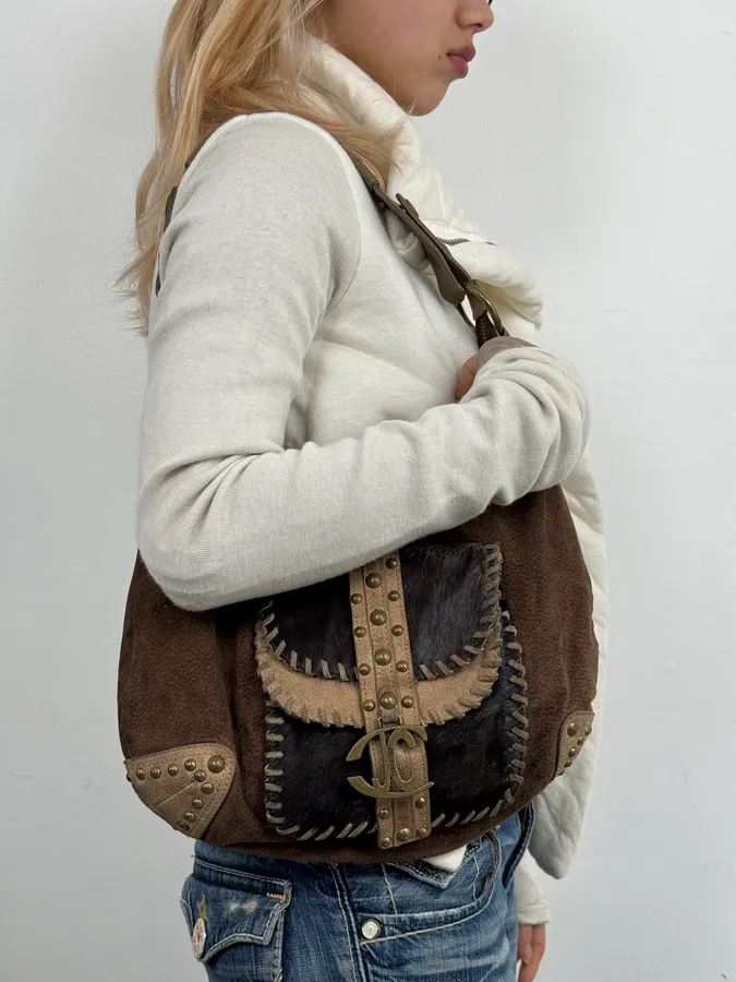 AW2008 Cavalli Brown Pony Hair Studded Leather Handle Bag - Image 3