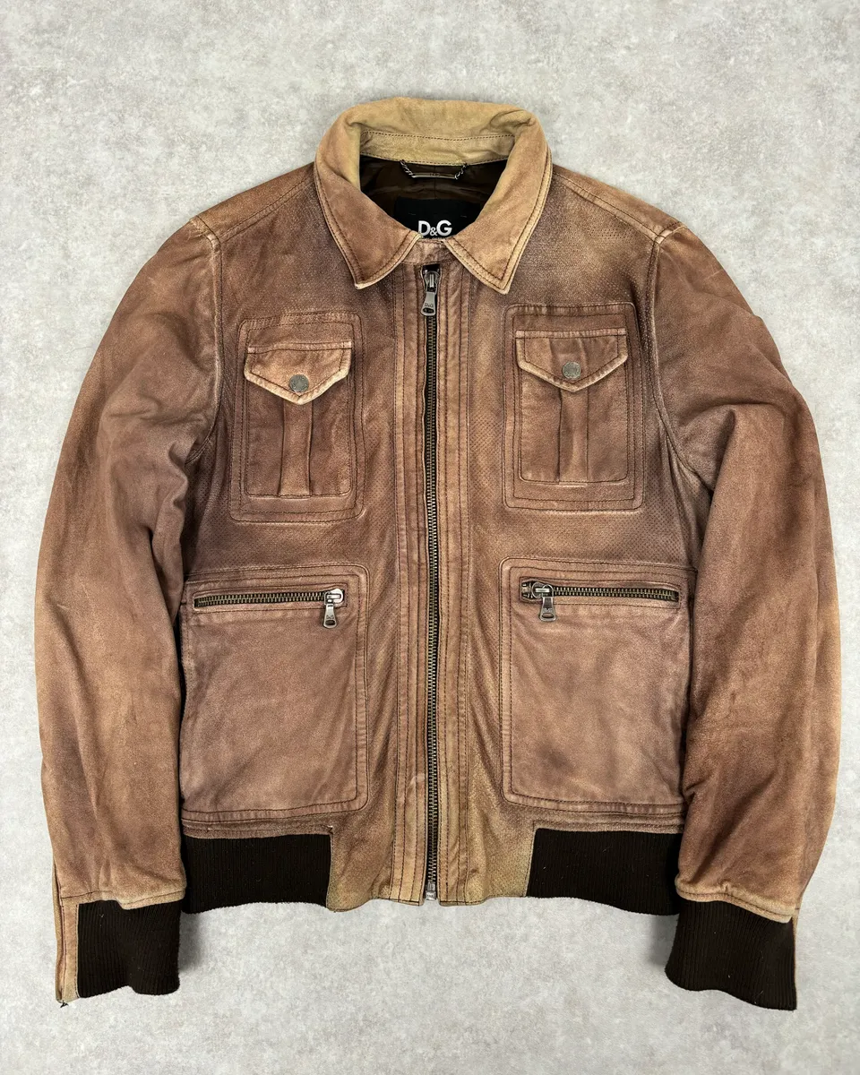 AW2008 Dolce & Gabbana Brown Perfored Aviator Classy Leather Jacket