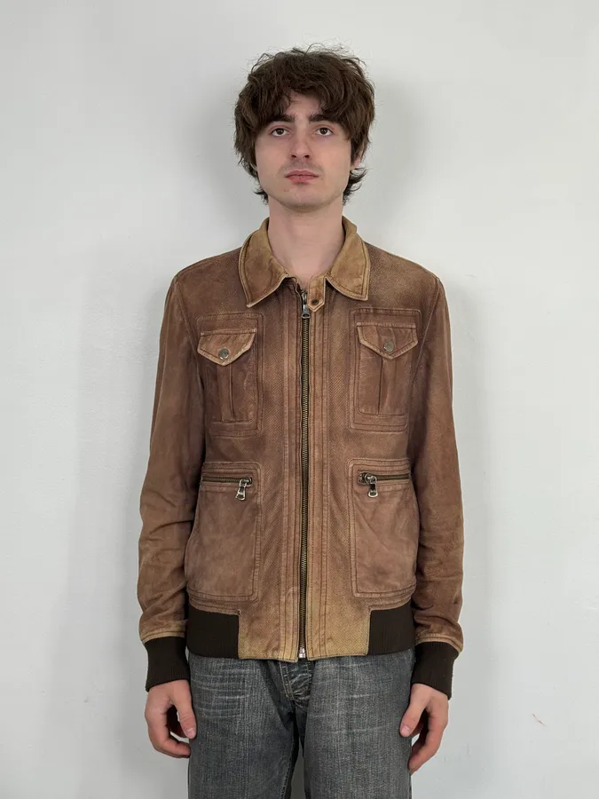 AW2008 Dolce & Gabbana Brown Perfored Aviator Classy Leather Jacket - Image 2